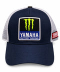 Gorra trucker DERRAPA Monster Energy Yamaha Azul oscuro con malla blanca, vista frontal, sobre fondo blanco