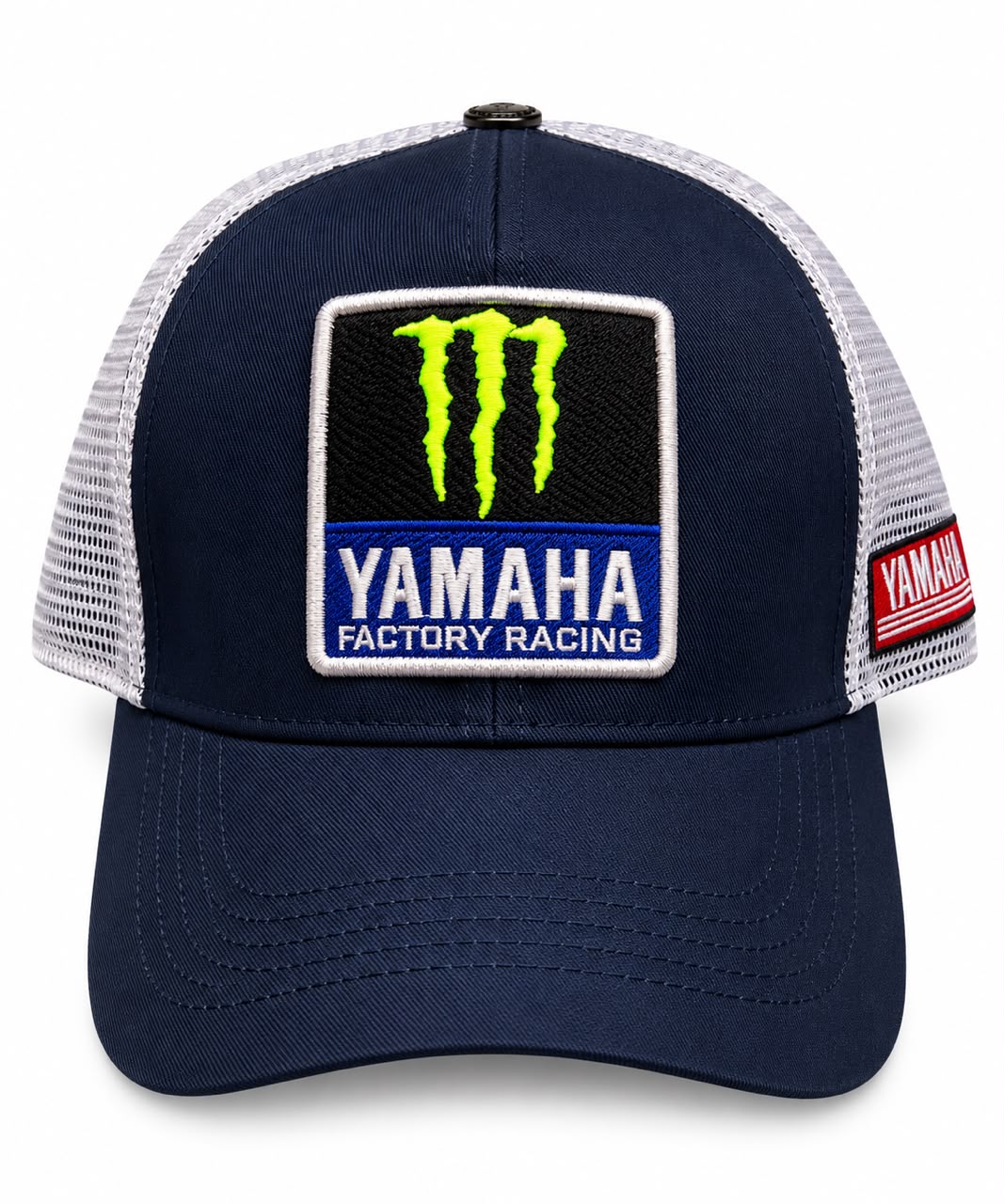 Gorra trucker DERRAPA Monster Energy Yamaha Azul oscuro con malla blanca, vista frontal, sobre fondo blanco