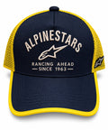 Gorra trucker DERRAPA Alpinestars Azul oscuro y amarillo, vista frontal, sobre fondo blanco