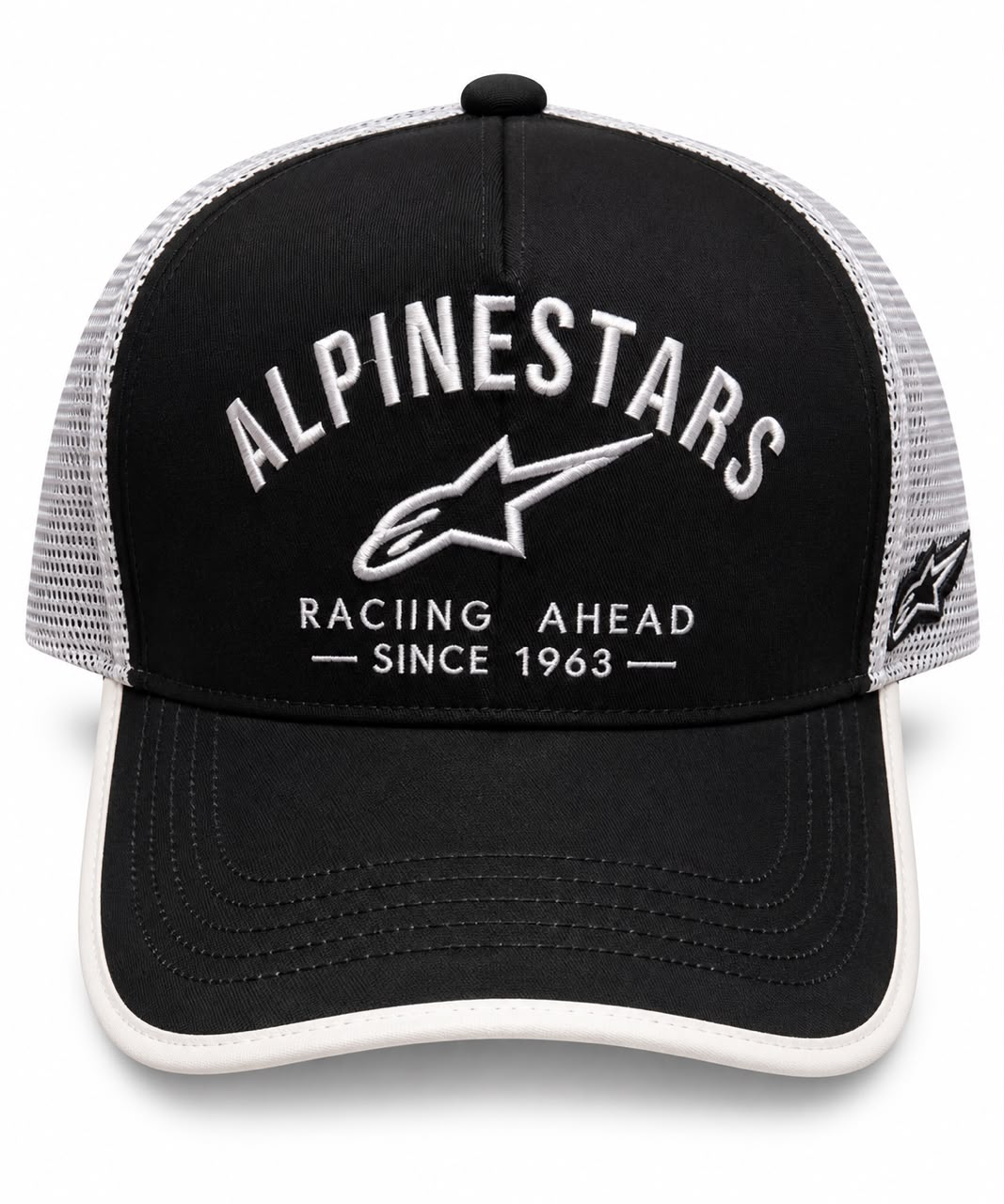 Gorra trucker DERRAPA Alpinestars Negro y blanco, vista frontal, sobre fondo blanco