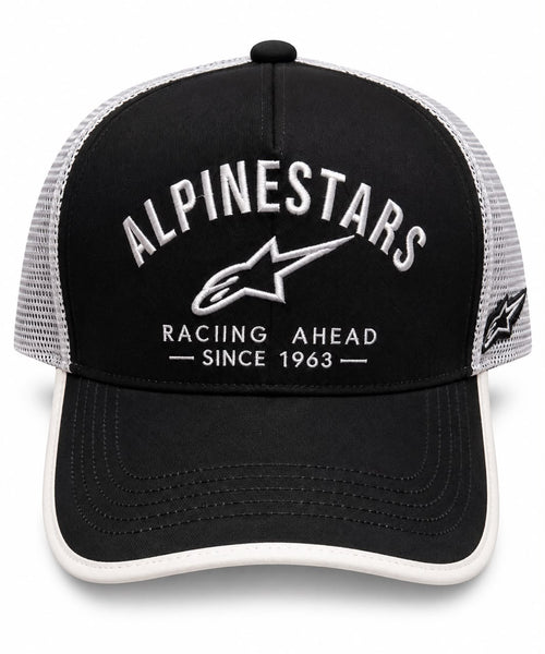 Gorra trucker DERRAPA Alpinestars Negro y blanco, vista frontal, sobre fondo blanco