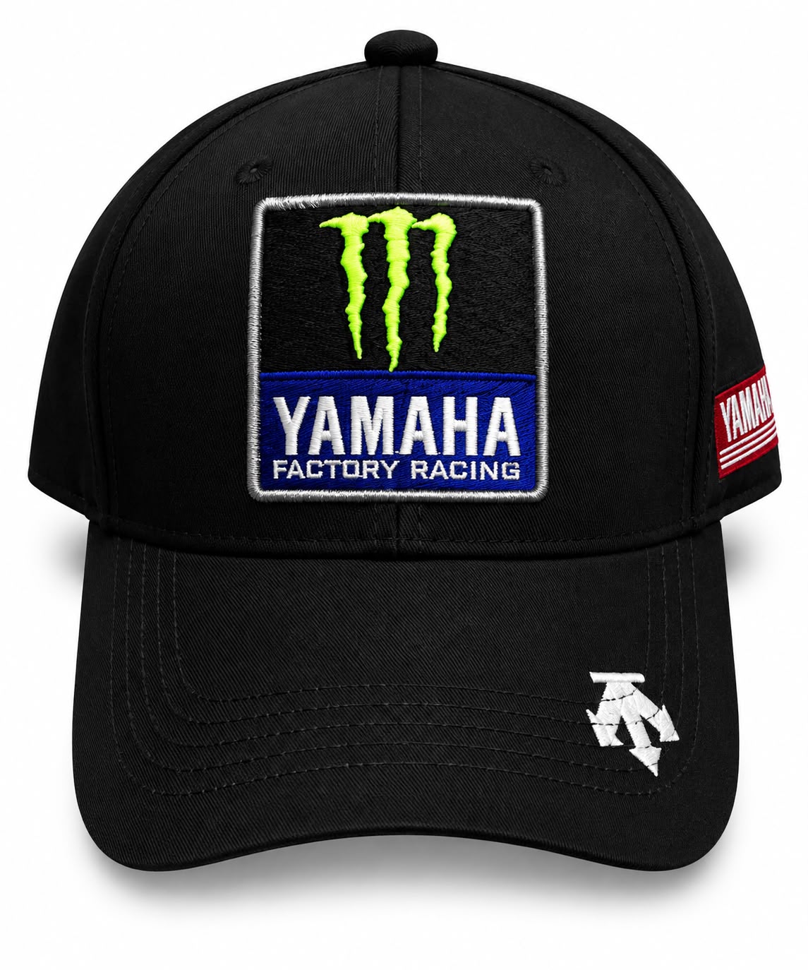Gorra DERRAPA Monster Energy Yamaha Negro con parche verde, azul y blanco, vista frontal, sobre fondo blanco