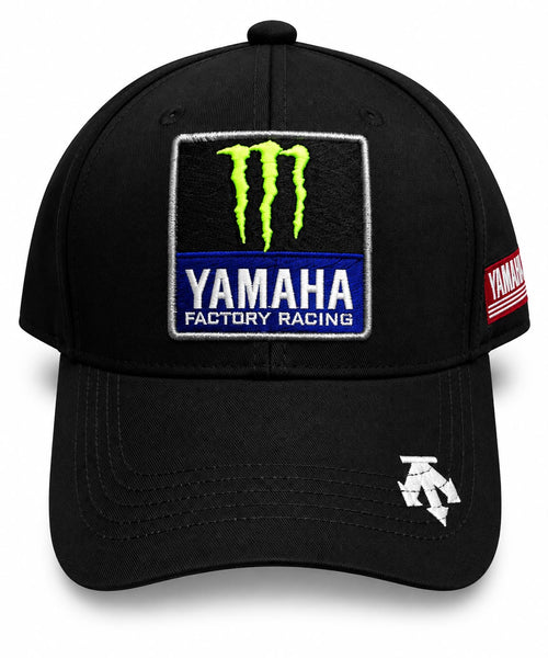 Gorra DERRAPA Monster Energy Yamaha Negro con parche verde, azul y blanco, vista frontal, sobre fondo blanco