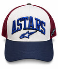 Gorra trucker DERRAPA Alpinestars Blanco, vinotinto y azul oscuro, vista frontal, sobre fondo blanco