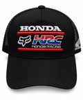 Gorra trucker DERRAPA Honda HRC Negro con rojo, azul y blanco, vista frontal, sobre fondo blanco
