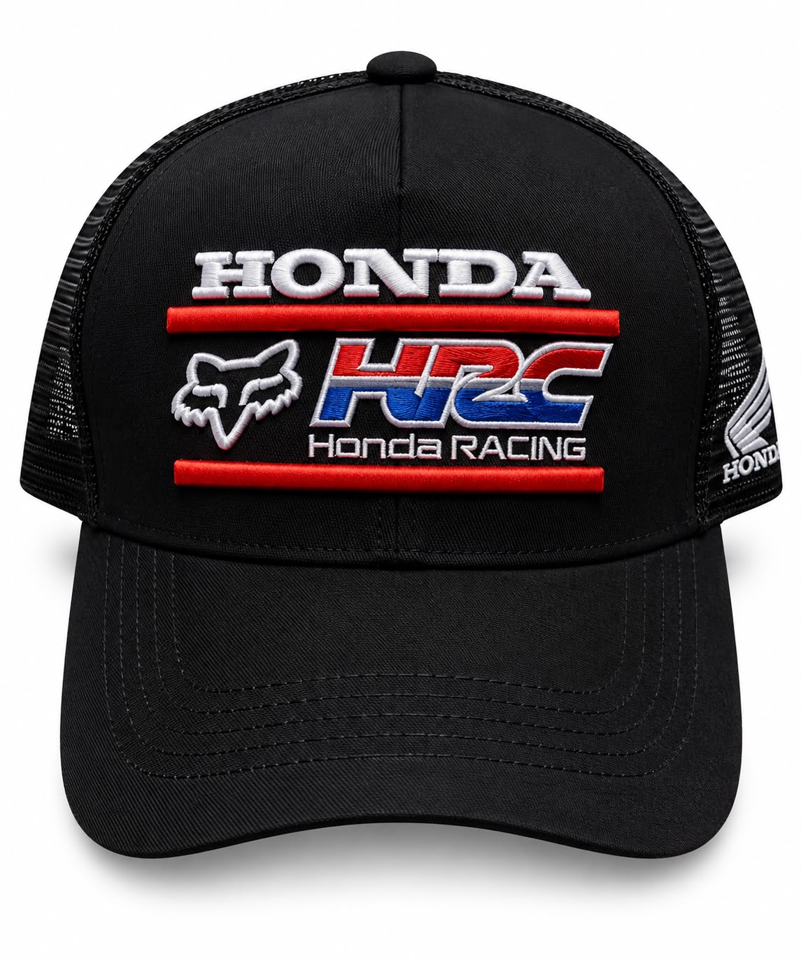 Gorra trucker DERRAPA Honda HRC Negro con rojo, azul y blanco, vista frontal, sobre fondo blanco