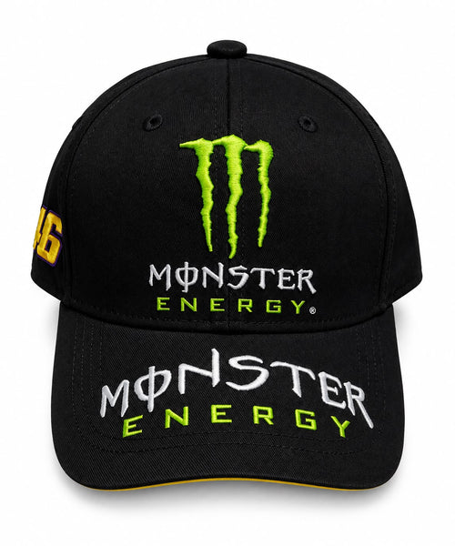 Gorra DERRAPA Monster Energy Negro con verde neón y blanco, vista frontal, sobre fondo blanco