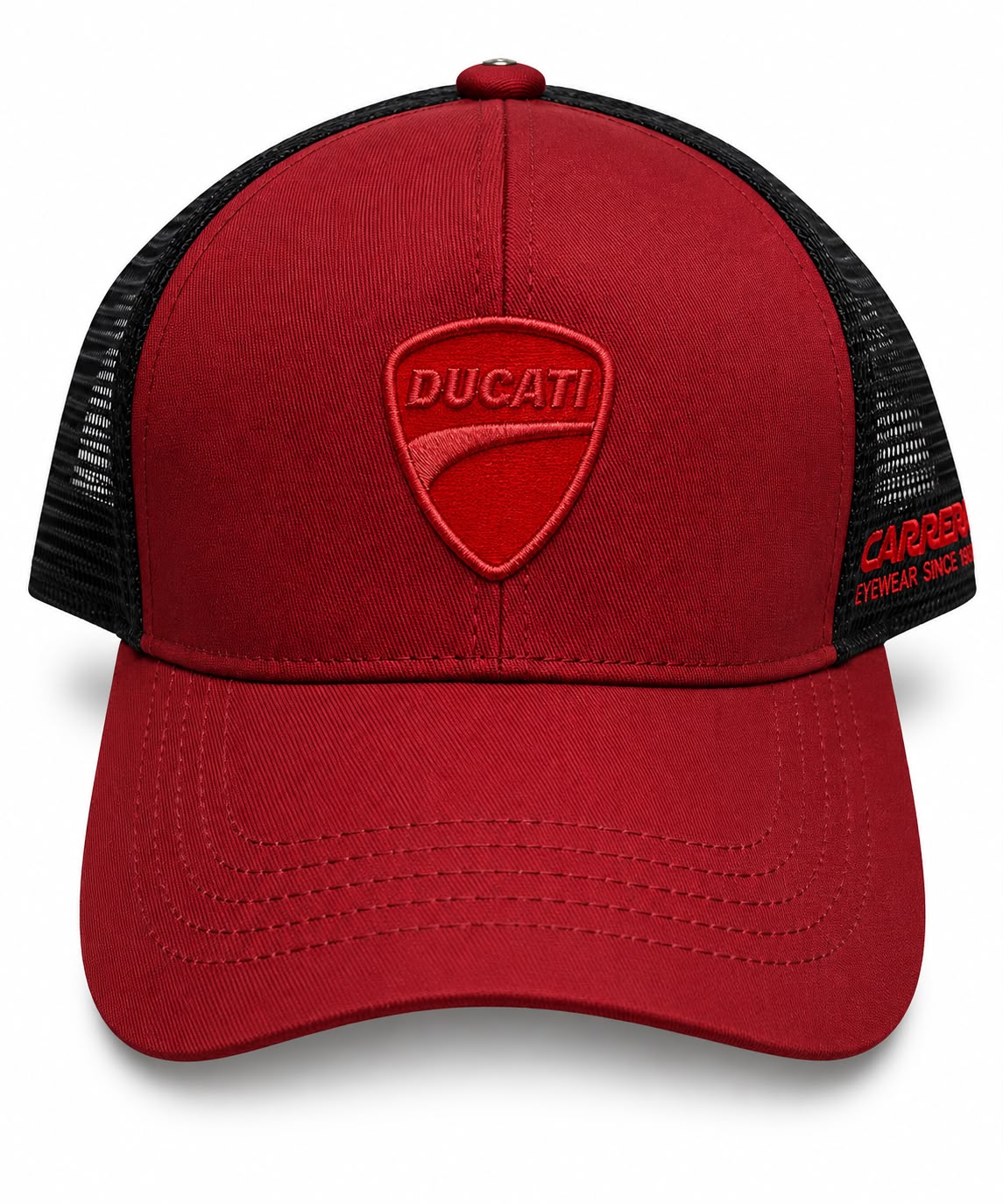Gorra trucker DERRAPA Ducati Carrera Rojo con malla negra, vista frontal, sobre fondo blanco