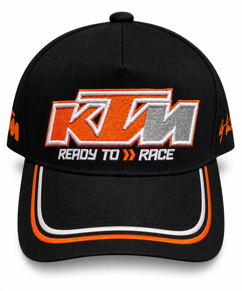 Gorra DERRAPA KTM Negro con naranja, blanco y gris, vista frontal, sobre fondo blanco