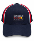 Gorra DERRAPA Oracle Red Bull Racing Azul oscuro con franjas roja y blanca, vista frontal, sobre fondo blanco
