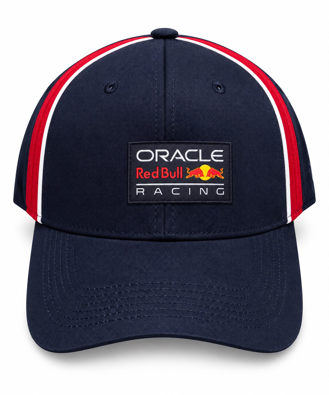 Gorra DERRAPA Oracle Red Bull Racing Azul oscuro con franjas roja y blanca, vista frontal, sobre fondo blanco
