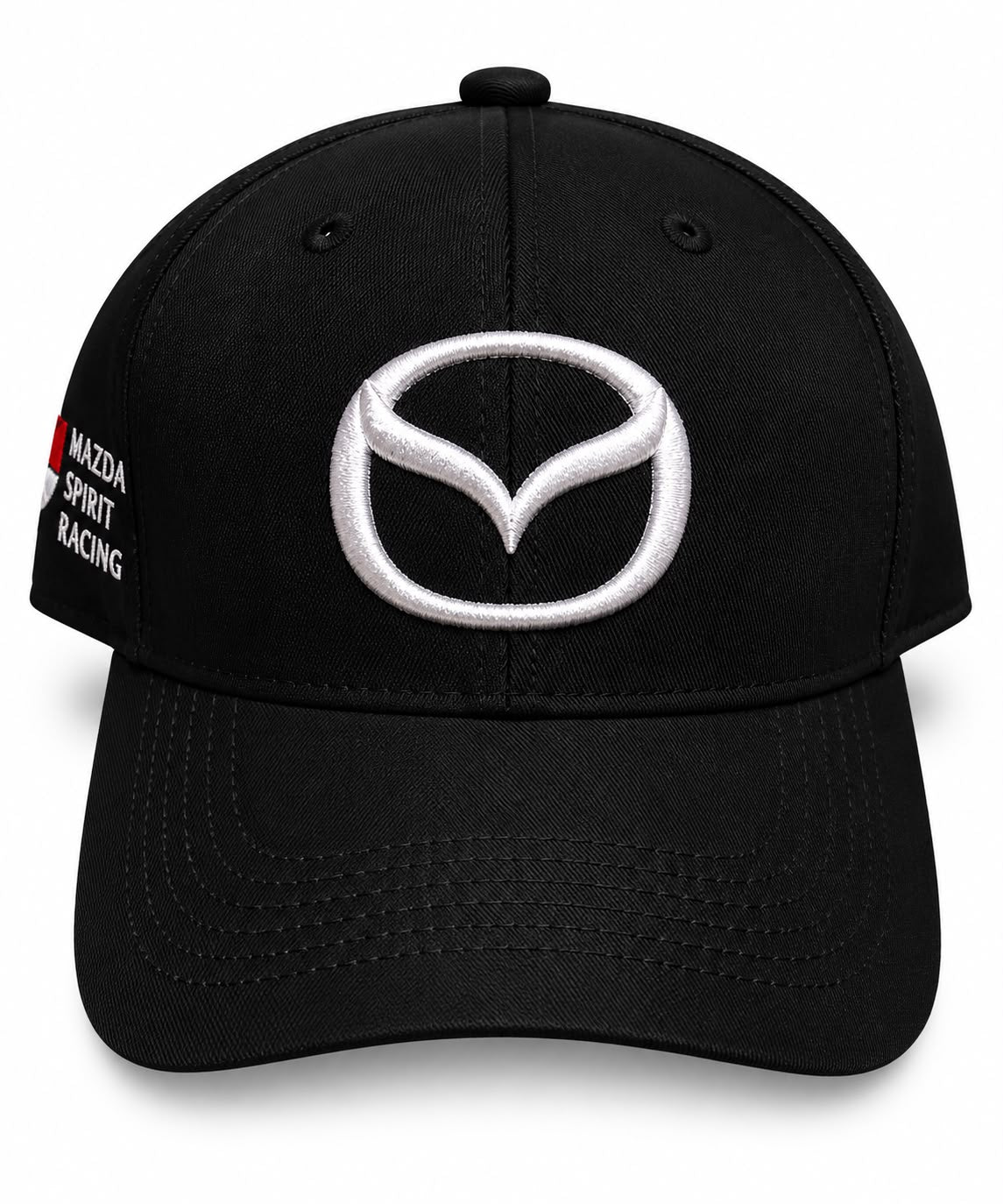 Gorra DERRAPA Mazda Spirit Racing Negro con logo blanco, vista frontal, sobre fondo blanco
