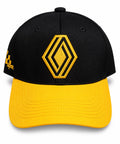 Gorra DERRAPA Renault Sport Negro con visera amarilla, vista frontal, sobre fondo blanco