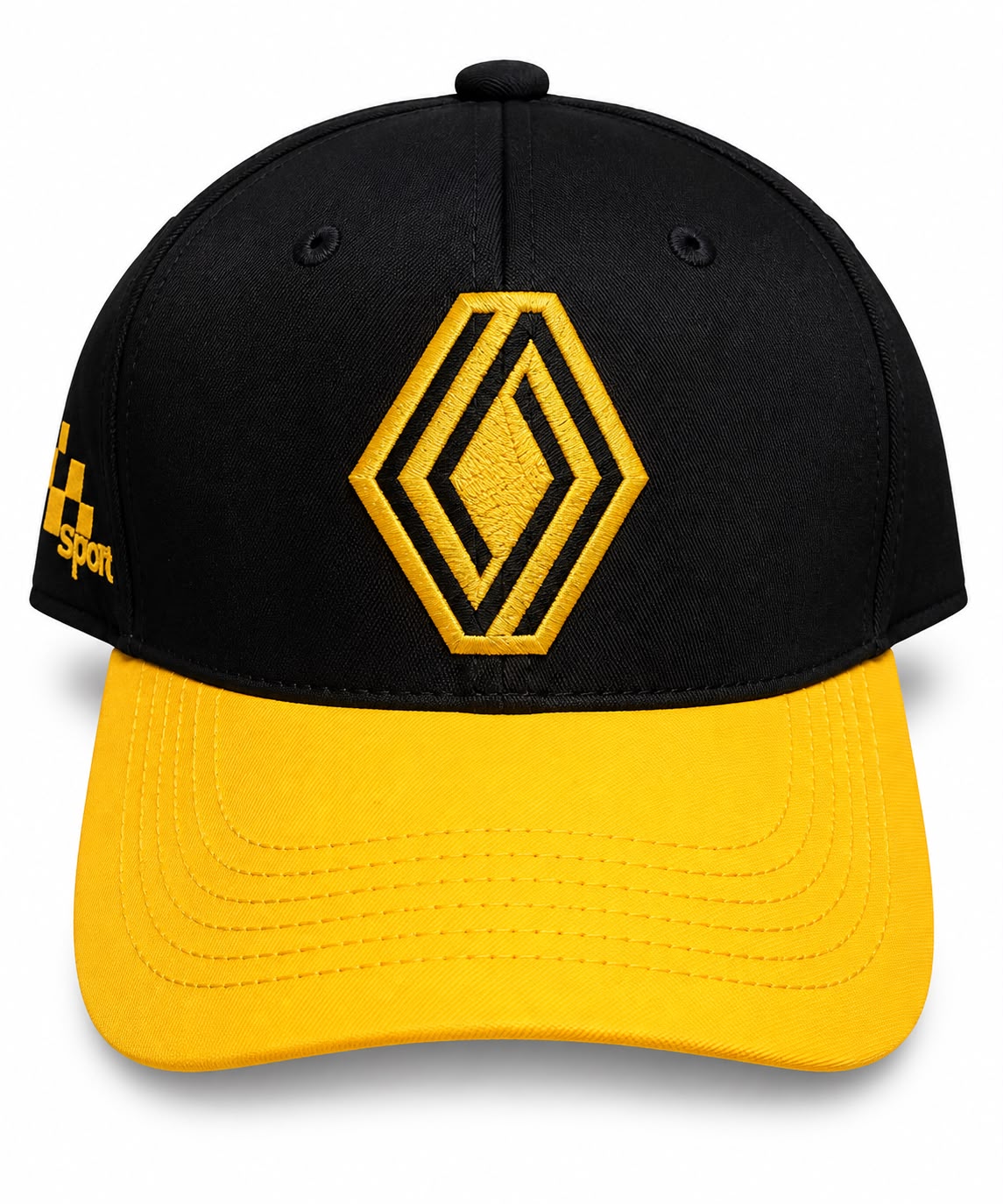 Gorra DERRAPA Renault Sport Negro con visera amarilla, vista frontal, sobre fondo blanco