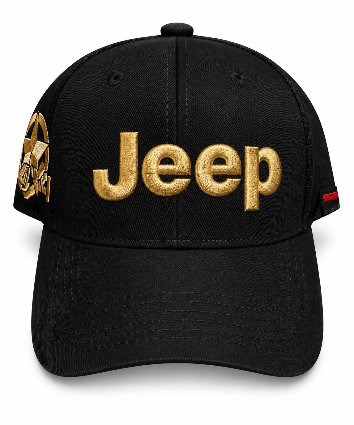 Gorra DERRAPA Jeep Negro con letras doradas, vista frontal, sobre fondo blanco