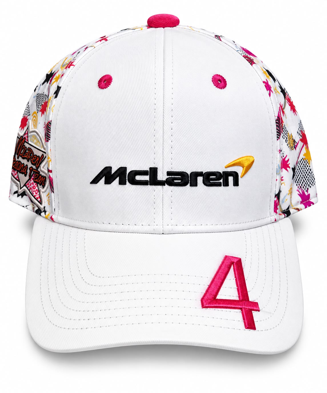 Gorra DERRAPA McLaren Blanco con estampado rosado y amarillo, vista frontal, sobre fondo blanco