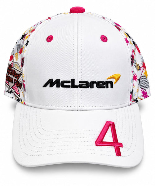 Gorra DERRAPA McLaren Blanco con estampado rosado y amarillo, vista frontal, sobre fondo blanco