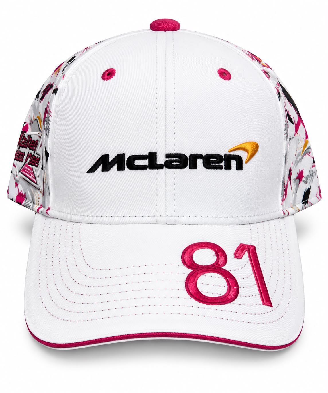 Gorra DERRAPA McLaren Blanco con fucsia y estampa tipo cómic, vista frontal, sobre fondo blanco