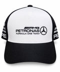 Gorra trucker DERRAPA Mercedes-AMG Petronas Blanco con negro, vista frontal, sobre fondo blanco