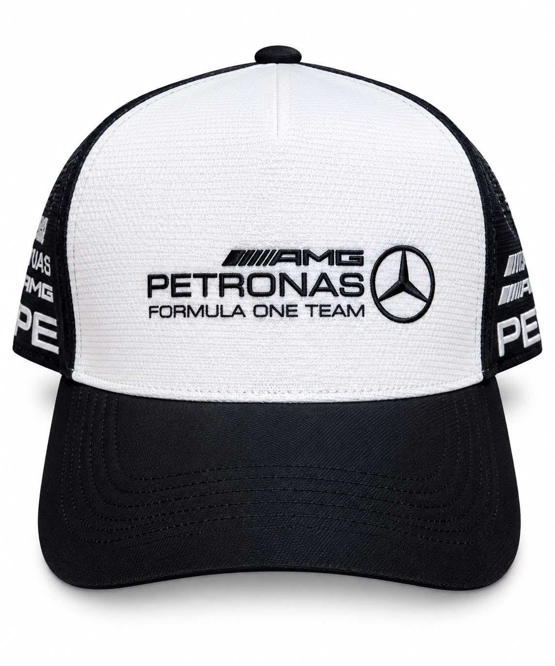 Gorra trucker DERRAPA Mercedes-AMG Petronas Blanco con negro, vista frontal, sobre fondo blanco