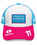Gorra DERRAPA Oracle Red Bull Racing Blanco con azul claro y rosado, vista frontal, sobre fondo blanco