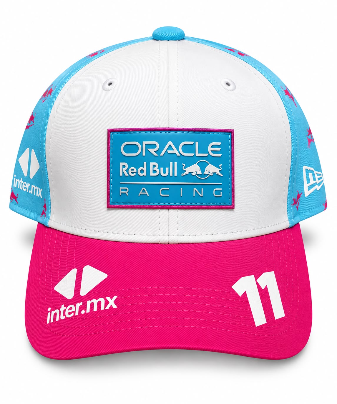 Gorra DERRAPA Oracle Red Bull Racing Blanco con azul claro y rosado, vista frontal, sobre fondo blanco