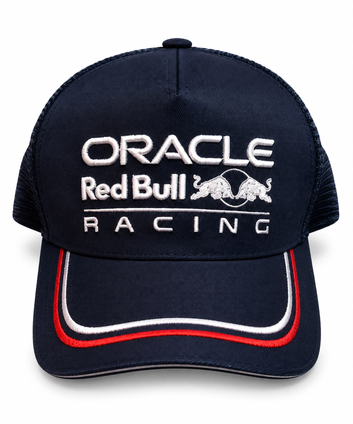 Gorra trucker DERRAPA Oracle Red Bull Racing Azul oscuro con vivos rojo y blanco, vista frontal, sobre fondo blanco