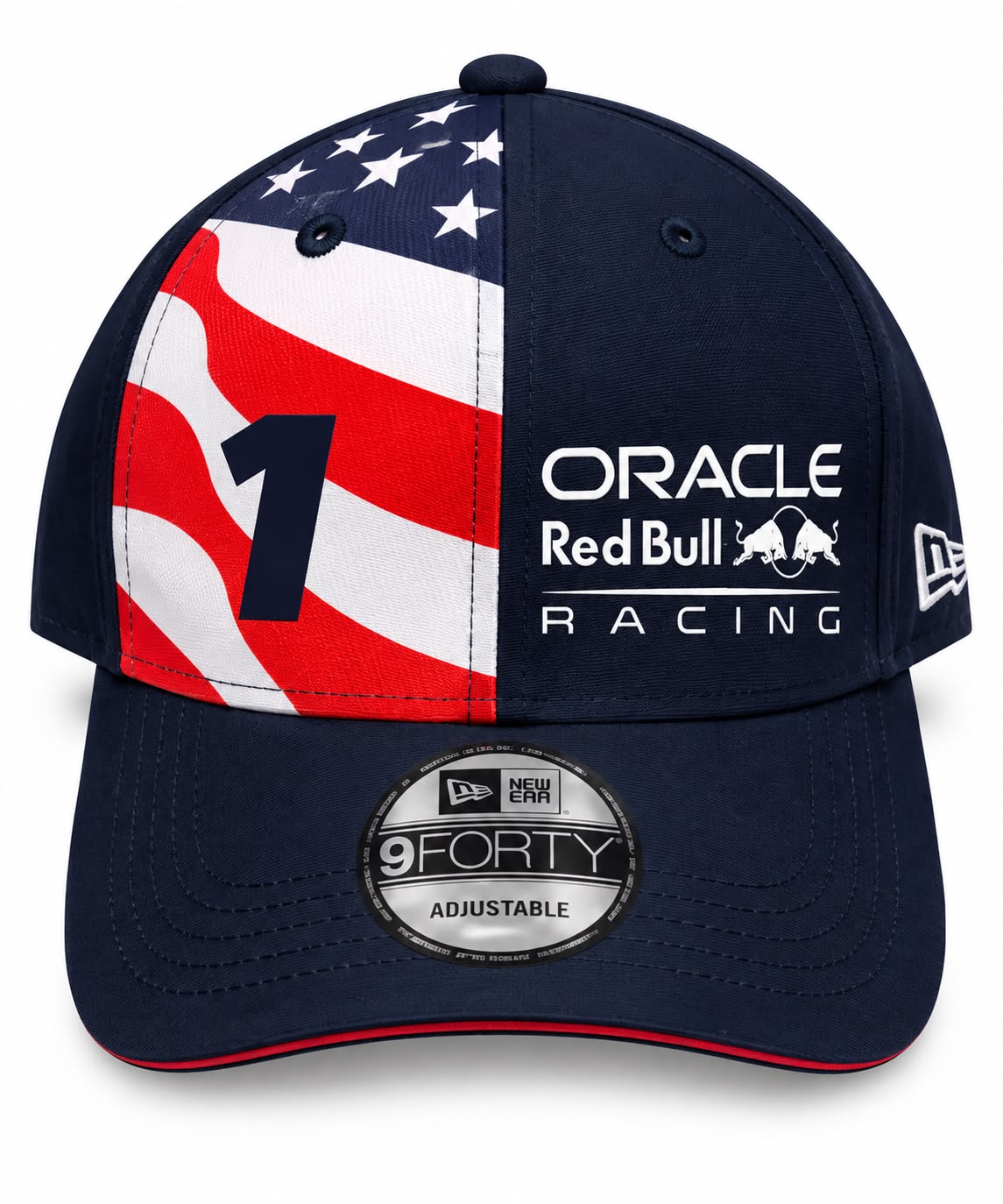 Gorra DERRAPA Oracle Red Bull Racing Azul oscuro con bandera de Estados Unidos, vista frontal, sobre fondo blanco