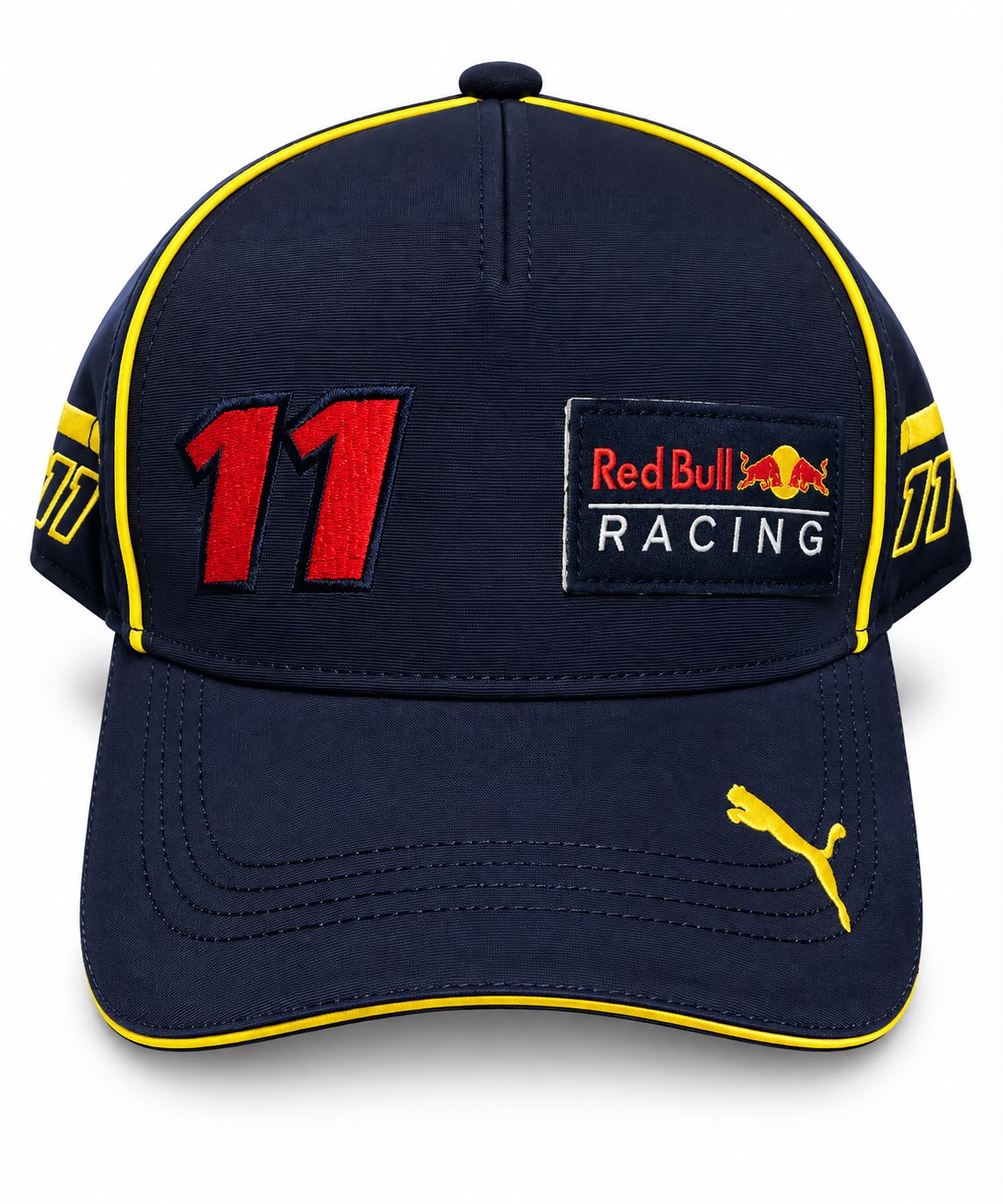 Gorra DERRAPA Red Bull Racing Azul oscuro con vivos amarillos, vista frontal, sobre fondo blanco