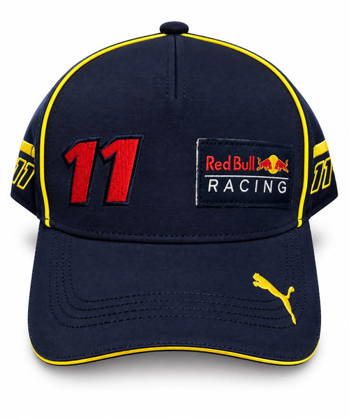 Gorra DERRAPA Red Bull Racing Azul oscuro con vivos amarillos, vista frontal, sobre fondo blanco