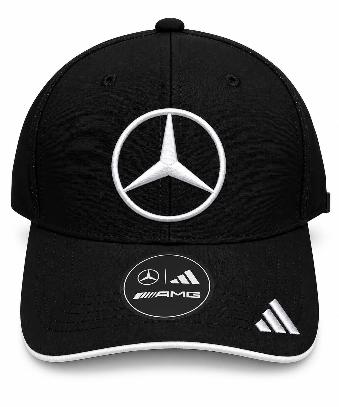Gorra DERRAPA Mercedes-AMG negro y blanco, vista frontal, sobre fondo blanco