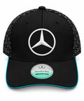 Gorra DERRAPA Mercedes-AMG Negro con vivo turquesa, vista frontal, sobre fondo blanco