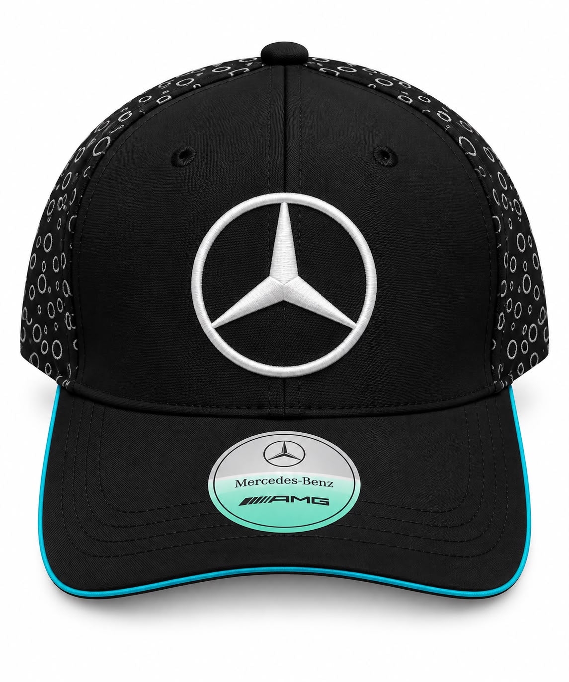 Gorra DERRAPA Mercedes-AMG Negro con vivo turquesa, vista frontal, sobre fondo blanco