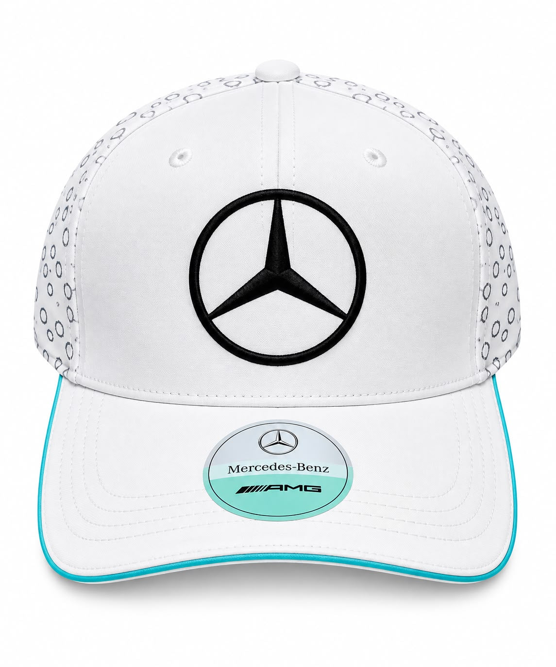 Gorra DERRAPA Mercedes-AMG Blanco con borde turquesa y estampa de círculos, vista frontal, sobre fondo blanco