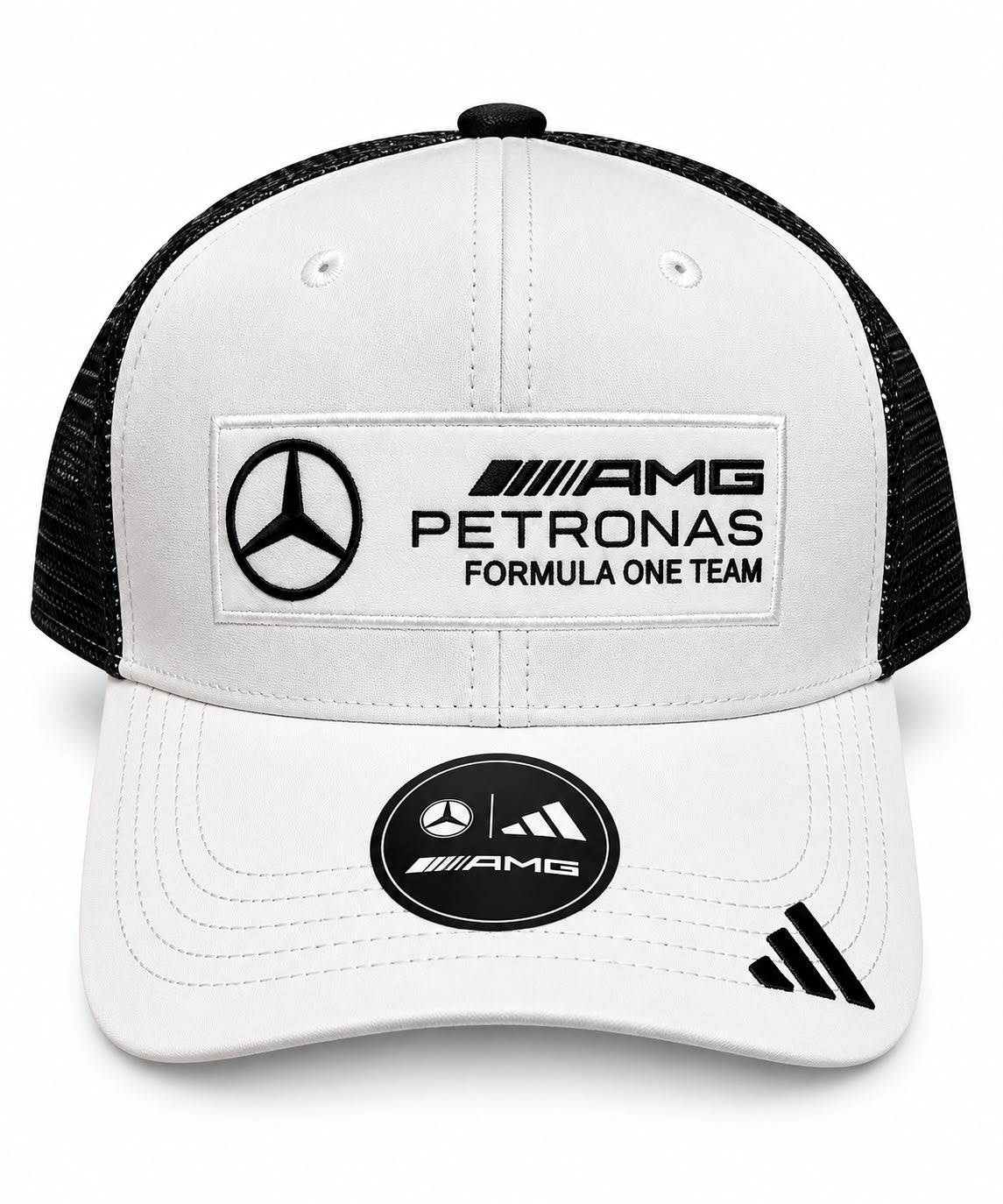 Gorra trucker DERRAPA Mercedes-AMG Petronas Blanco con malla negra, vista frontal, sobre fondo blanco