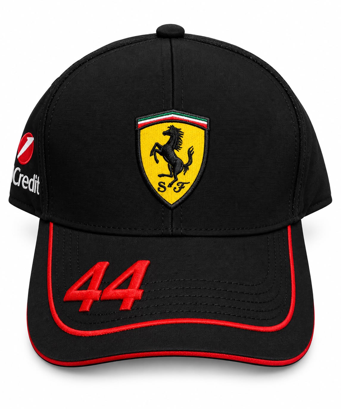 Gorra DERRAPA Ferrari Negro con vivos rojos, vista frontal, sobre fondo blanco
