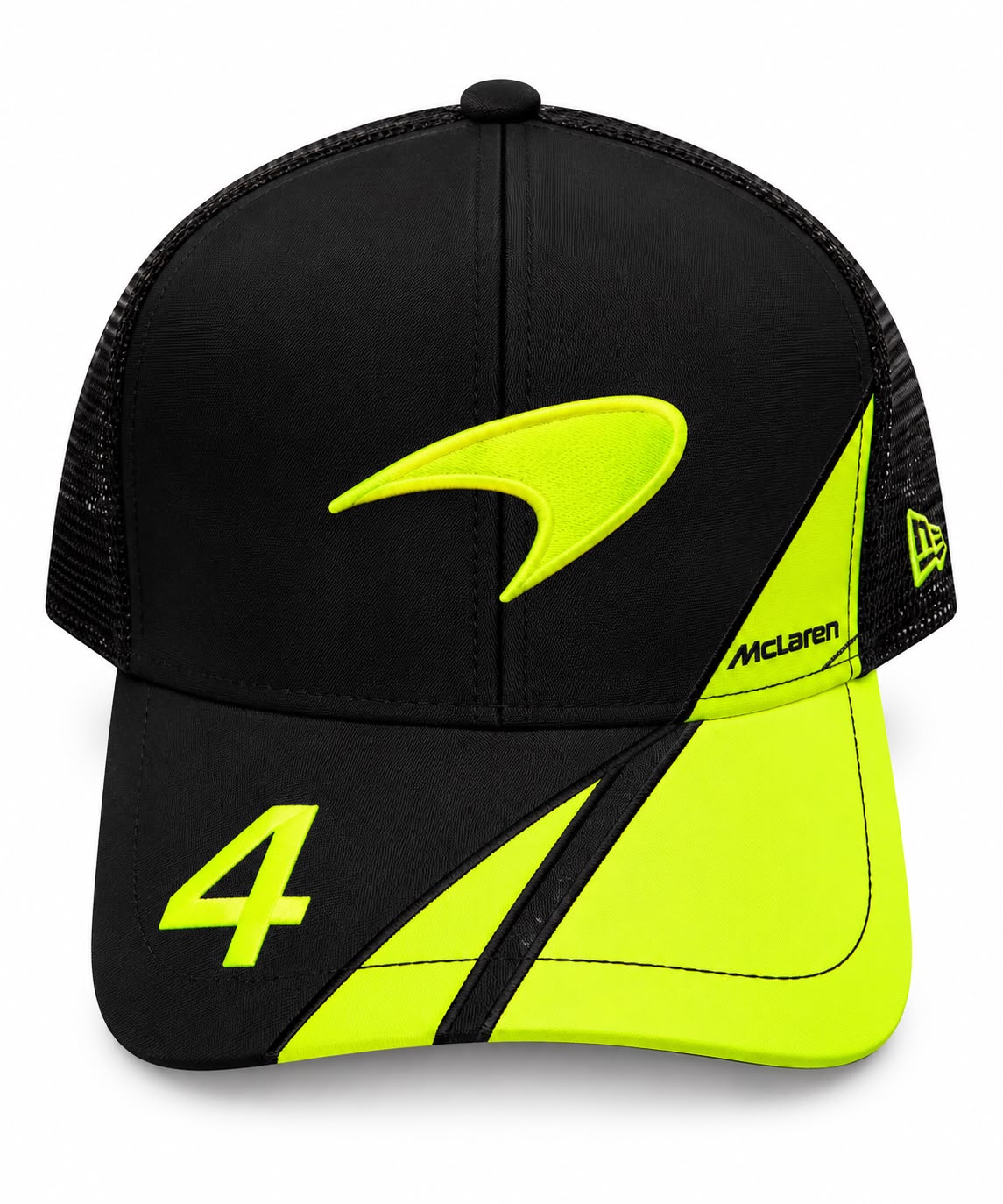 Gorra trucker DERRAPA McLaren Negro con verde neón, vista frontal, sobre fondo blanco