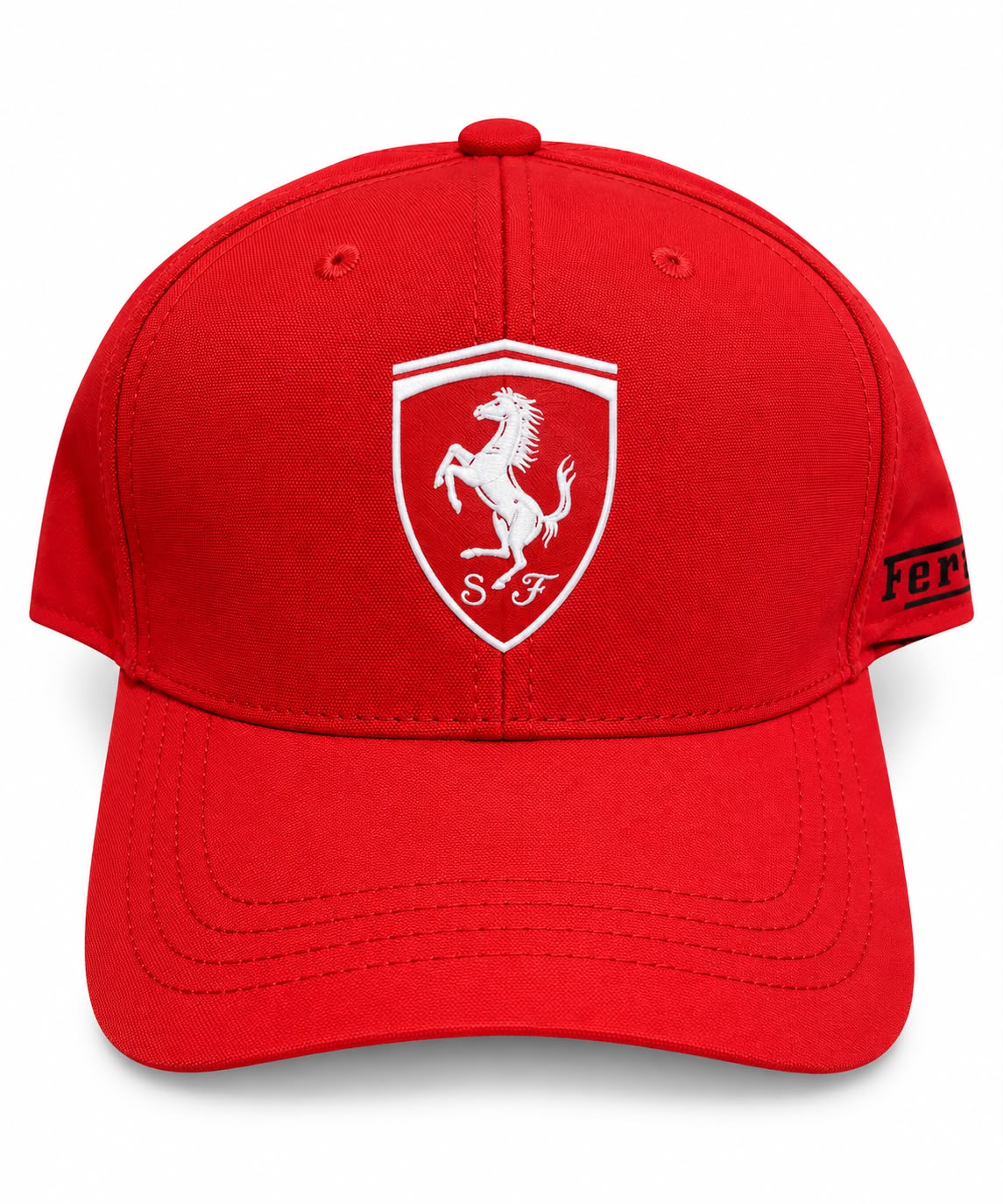 Gorra DERRAPA Ferrari Rojo con escudo blanco, vista frontal, sobre fondo blanco