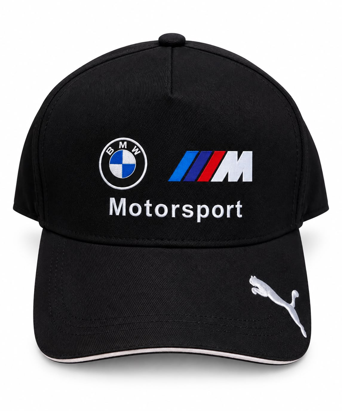 Gorra DERRAPA BMW M Motorsport negro y blanco, vista frontal, sobre fondo blanco