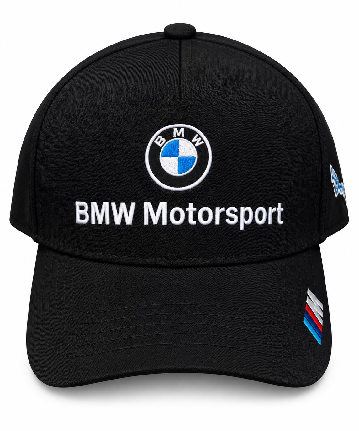 Gorra DERRAPA BMW M Motorsport Negro con logo blanco y azul, vista frontal, sobre fondo blanco