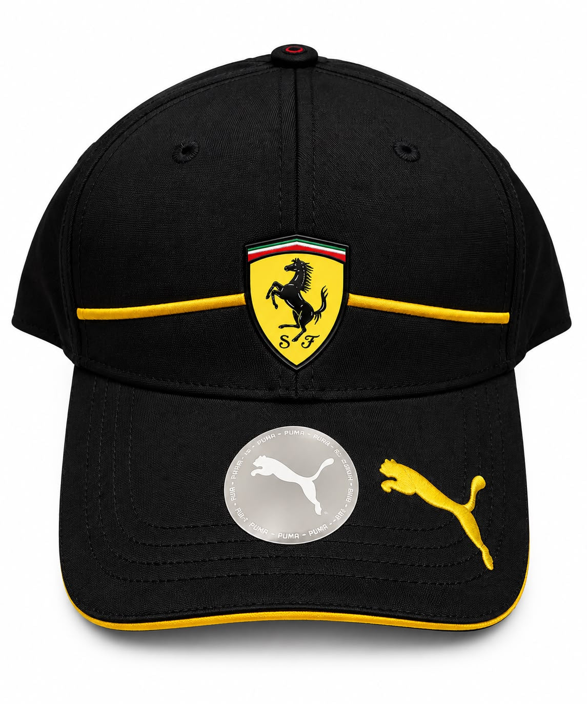 Gorra DERRAPA Ferrari Negro con amarillo, vista frontal, sobre fondo blanco