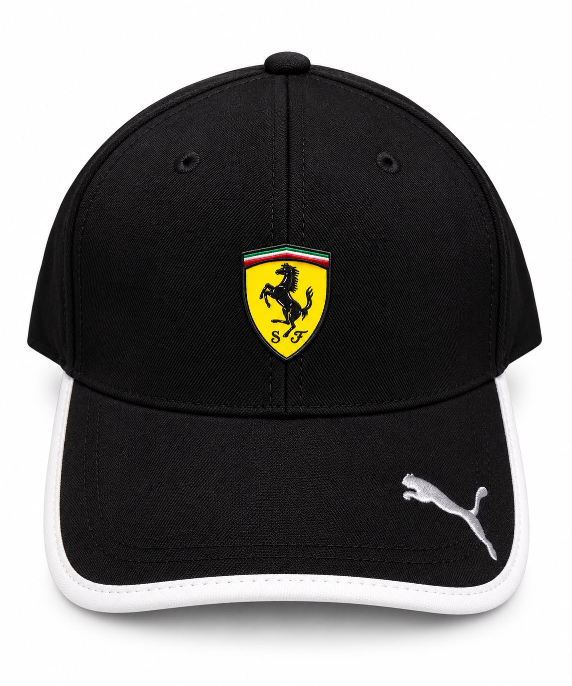 Gorra DERRAPA Ferrari Negro con vivo blanco, vista frontal, sobre fondo blanco