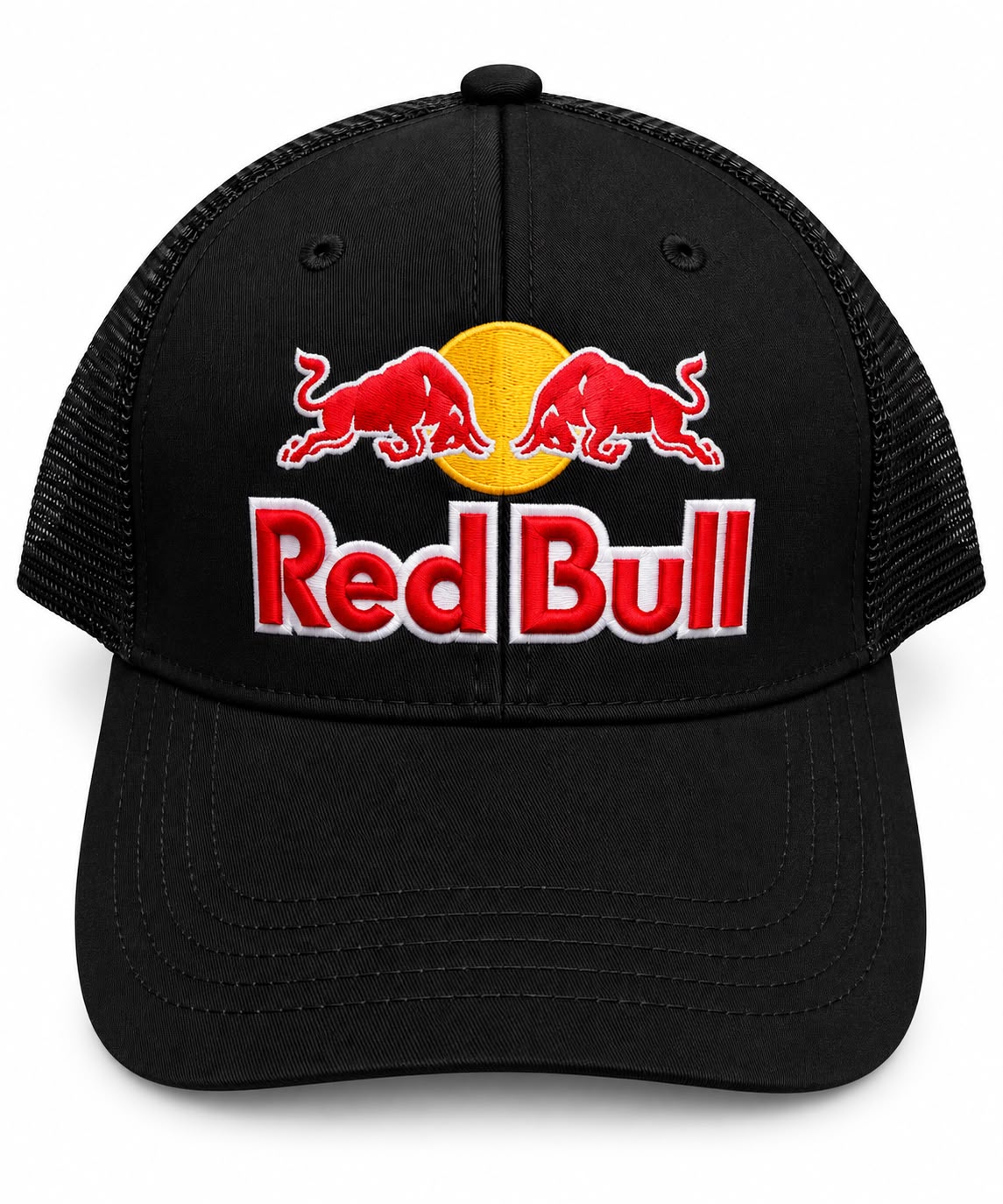 Gorra trucker DERRAPA Red Bull Negro con logo rojo y amarillo, vista frontal, sobre fondo blanco
