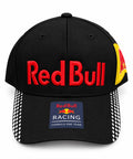 Gorra DERRAPA Red Bull Racing Negro con rojo y amarillo, vista frontal, sobre fondo blanco