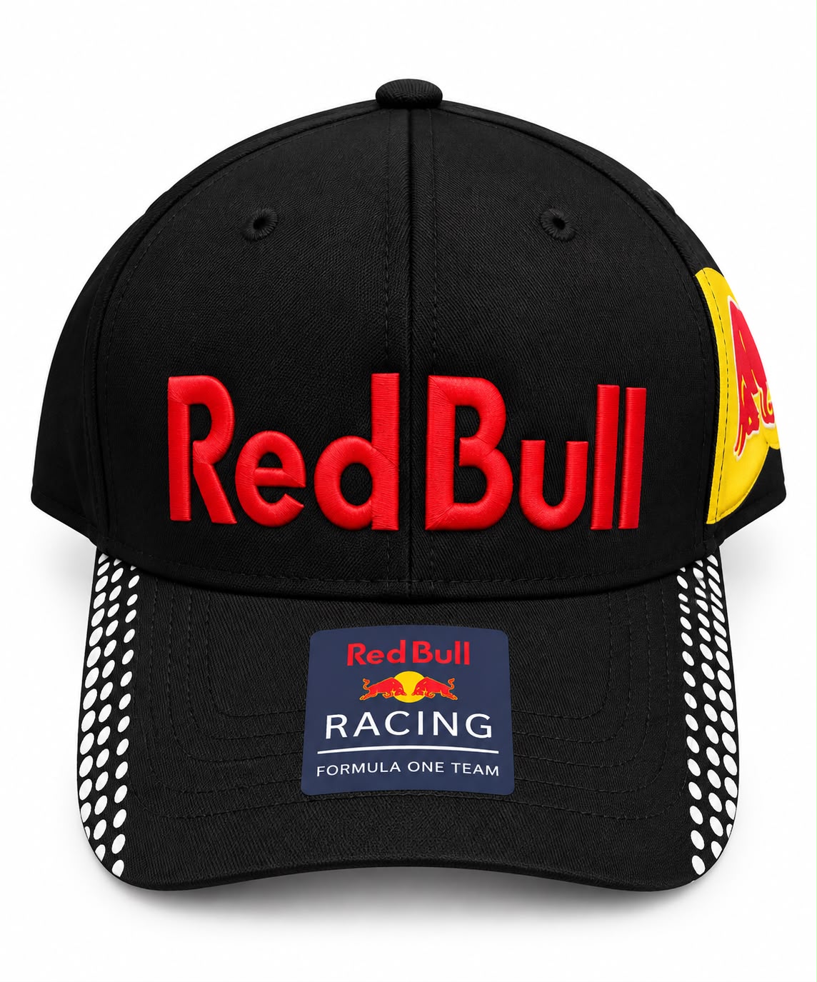 Gorra DERRAPA Red Bull Racing Negro con rojo y amarillo, vista frontal, sobre fondo blanco
