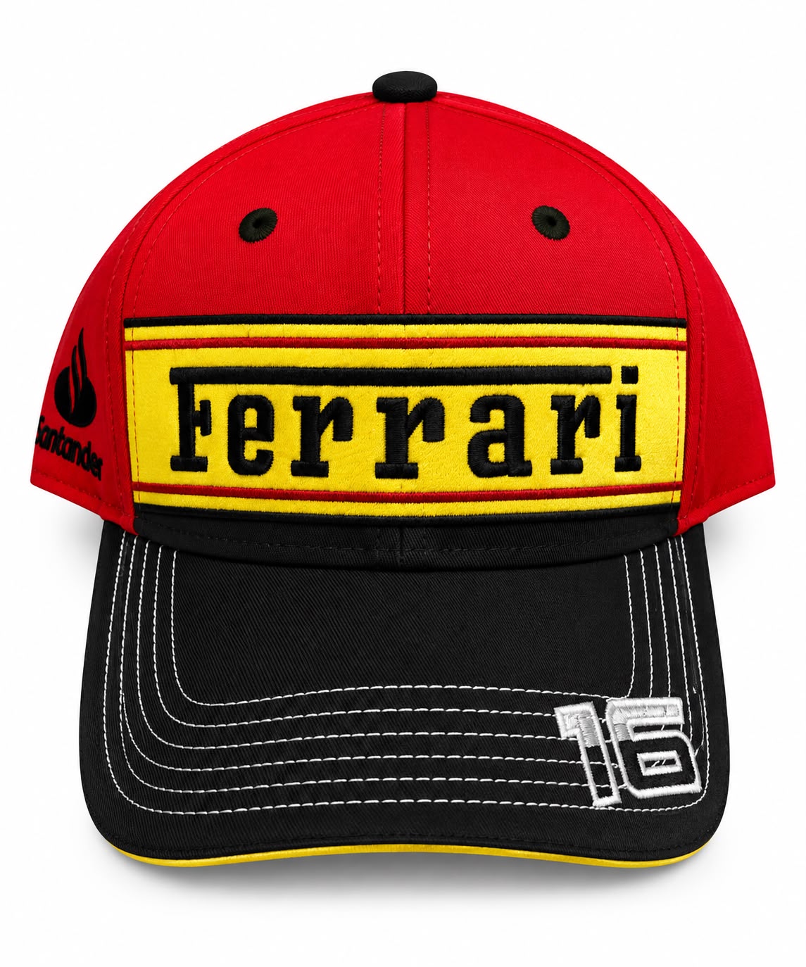 Gorra DERRAPA Ferrari Santander Rojo, amarillo y negro, vista frontal, sobre fondo blanco