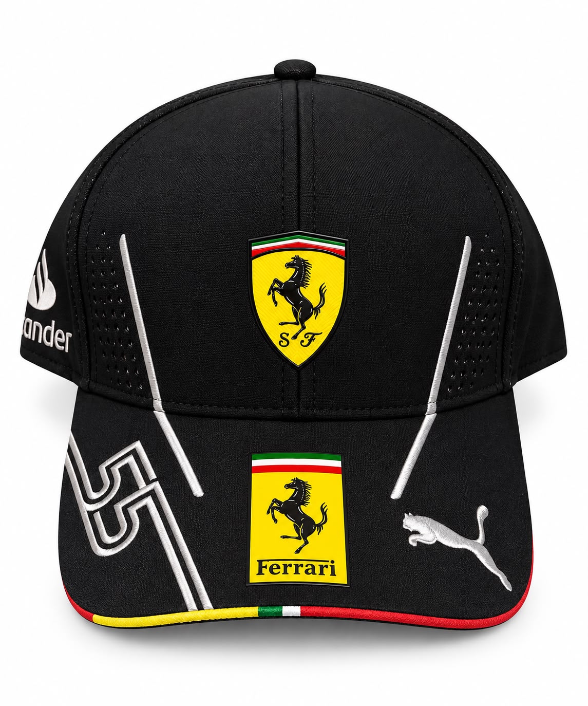 Gorra DERRAPA Ferrari Santander negro y rojo, vista frontal, sobre fondo blanco