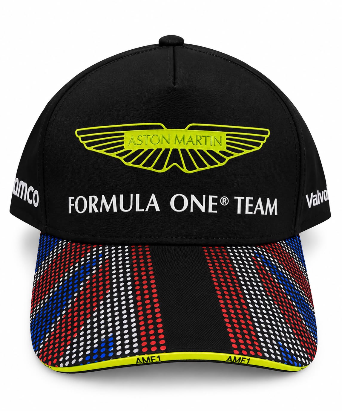 Gorra DERRAPA Aston Martin Aramco Negro con visera a cuadros y verde neón, vista frontal, sobre fondo blanco