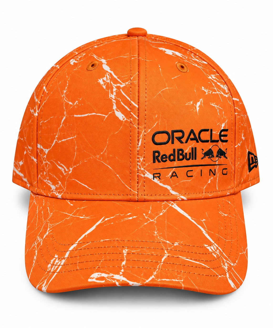 Gorra DERRAPA Oracle Red Bull Racing Naranja con vetas blancas tipo mármol, vista frontal, sobre fondo blanco