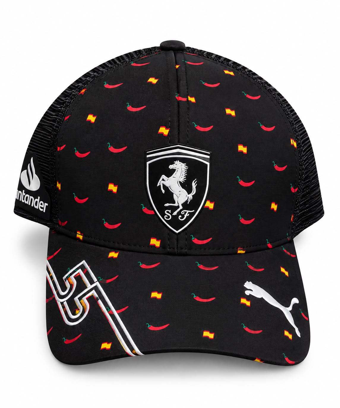 Gorra trucker DERRAPA Ferrari Santander negro y rojo, vista frontal, sobre fondo blanco